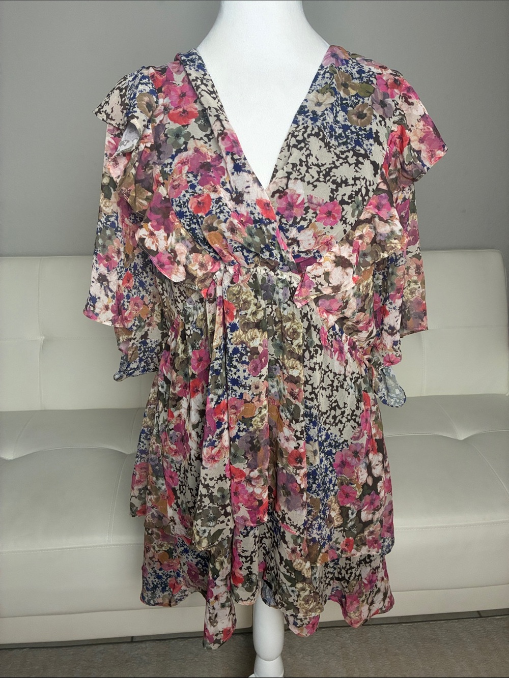 Zara Floral Ruffle V-Neck Chiffon Tunic/Dress - Pink & Blue Mix